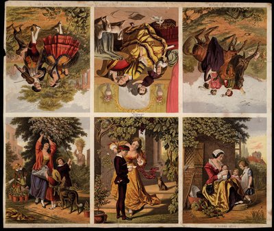 Sida med viktorianska tryckta rester (färgad gravyr) av English School