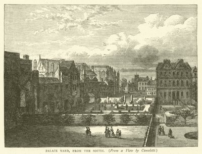 Palace Yard, från söder, från en vy av Canaletti (gravyr) av English School