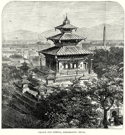 Palats och tempel, Khatmandu, Nepal (gravyr) av English School