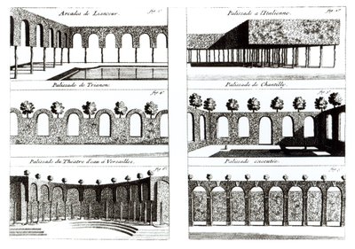 Palisadedesigner, från Theory and Practice of Gardening, av Antoine-Joseph Dezallier DArganville (1680-1765), publicerad ca 1709 av English School