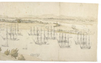Panorama (högra halvan) av Whampoa från Dane Island, med brittisk och amerikansk sjöfart i ankarplatsen av English School