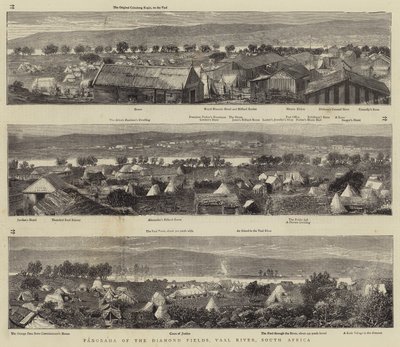 Panorama över diamantfälten, Vaalfloden, Sydafrika (gravyr) av English School