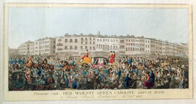 Panoramautsikt. Hennes Majestät Drottning Caroline går i delstaten till St. Pauls Cathedral, 20 november 1820, pub. 1821 (akvatint på papper) av English School