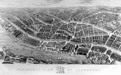 Panoramautsikt över Liverpool, efter en akvarell av Ackerman, 1847 av English School
