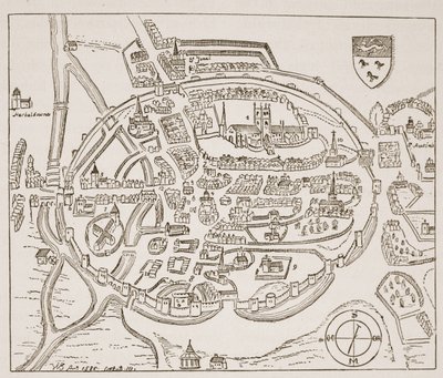 Panoramautsikt över Canterbury på 1500-talet, illustration från The Church of England: A History for the People av H.D.M. Spence-Jones, pub. ca 1910 (sepiafoto) av English School