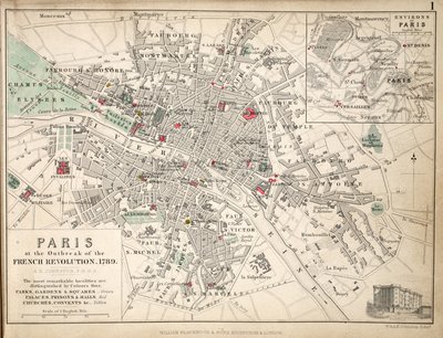 Paris vid utbrottet av den franska revolutionen 1789 (färgad litho) av English School