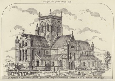 Parish Church of S James, Great Grimsby, Lincolnshire, föreslagen restaurering, Vy från NE (gravyr) av English School
