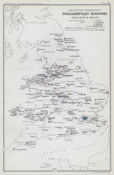 Parlamentarisk representation, parlamentsdistrikt i England och Wales (färglitografi) av English School