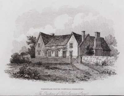 Parsonage House, Coxwold, Yorkshire, residenset för pastor Laurence Sterne (gravyr) av English School