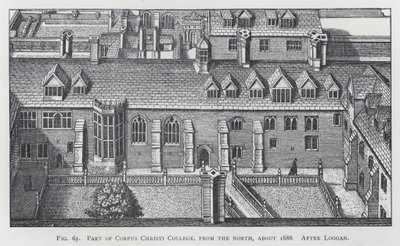 Del av Corpus Christi College, från norr, ca 1688, efter Loggan (gravyr) av English School