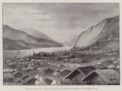 En del av Dawson City, tittar nedför Yukonfloden, som den såg ut sommaren 1898 (litho) av English School