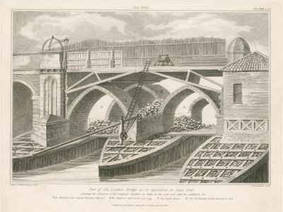 En del av Old London Bridge som den såg ut i juni 1826 av English School