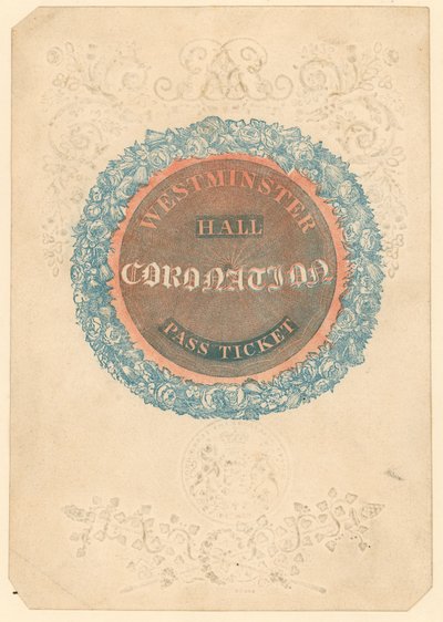 Passbiljett till The Grand Coronation Banquet of King George IV i Westminster Hall, 17 juli 1821 av English School
