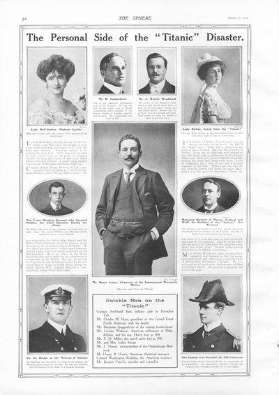 Passagerare på RMS Titanic, fotografier och information om kända personer med anknytning till Titanic, från The Sphere, 27 april 1912 av English School
