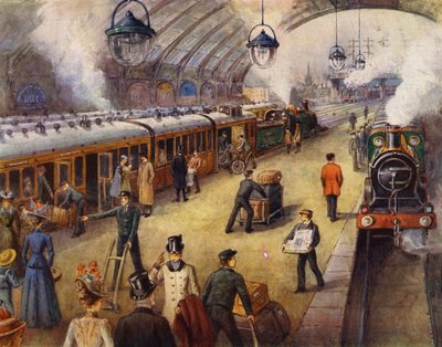 Passagerare på perrongen före tågets avgång (färg litho) av English School