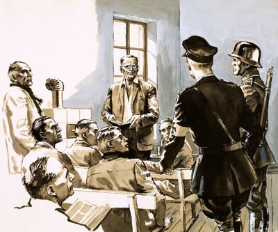 Pastor Dietrich Bonhoeffer uttalar sig mot Hitlers nazistparti (gouache på papper) av English School