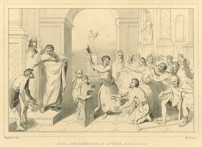 Paul und Barnabas in Lystra, Apostelgeschichte XIV, 8-18 von English School