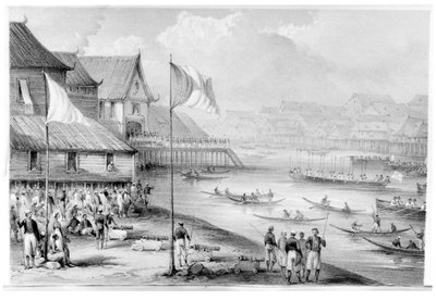 Pax Britannica anländer till en by på Borneo, frontispice till volym 2 Narrative of Events in Borneo and Celebes, Down to the Occupation of Labuan av Rodney Mundy, 1848 av English School