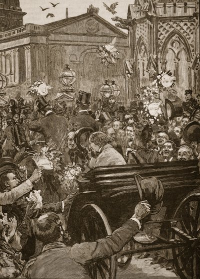 "Peace with honour", mottagning av Lord Beaconsfield och Lord Salisbury vid Charing Cross, illustration ur "Cassell