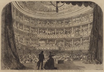 Framträdande inför Hennes Majestät i teatern i Palace of St Cloud (gravyr) av English School