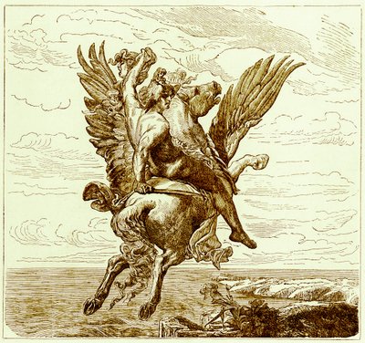 Perseus på den bevingade hästen Pegasus, med Medusas huvud, illustration från The Illustrated History of the World, publicerad ca 1880 (digitalt förbättrad bild) av English School