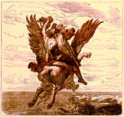 Perseus på den bevingade hästen Pegasus, med Medusas huvud, illustration från The Illustrated History of the World, publicerad ca 1880 (digitalt förbättrad bild) av English School