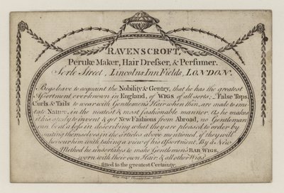 Peruke maker, Ravenscroft, handelskort av English School