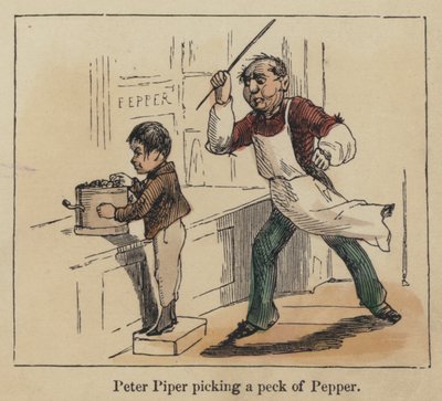 Peter Piper plockar en hacka peppar (färgad gravyr) av English School