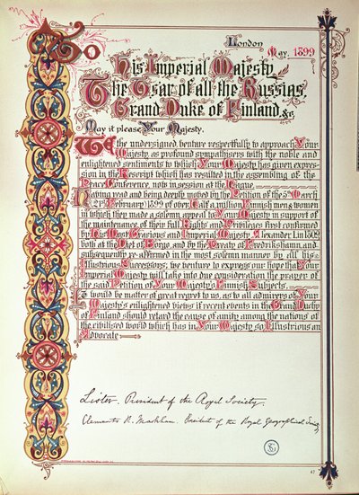 Petition till tsar Nicholas II av Ryssland som protesterar mot förryskningen av Finland, 1899 (upplyst papper) av English School