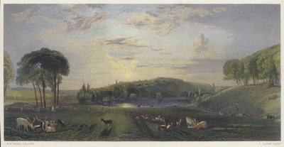Petworth Park, Sussex (färgad gravyr) av English School
