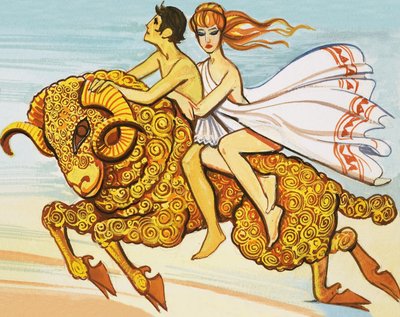 Phrixus och Helle räddas av en flygande bagge med gyllene fleece av English School
