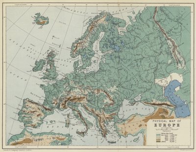 Fysisk karta över Europa (färglitografi) av English School