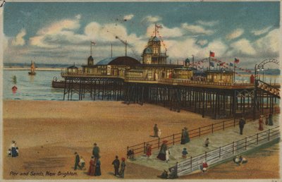 Pir och sand, New Brighton, Merseyside (färg litho) av English School