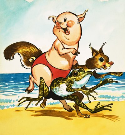 Gris, groda och ekorre på stranden av English School