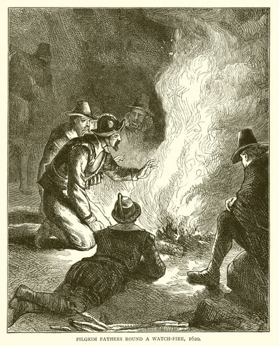 Pilgrimsfäder runt en vakteld, 1620 av English School