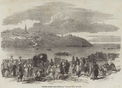 Pilgrimer som korsar Dnepr till "Den heliga staden" Kieff (gravyr) av English School