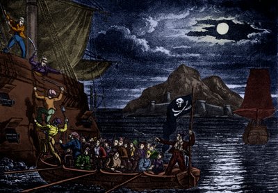 Pirater går ombord på ett spanskt fartyg, Västindien, illustration från "The History and Lives of the Most Notorious Pirates av English School