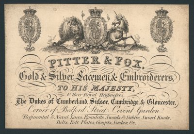 Pitter and Fox, Gold and Silver Laceman and Embroiderers, Bedford Street, Covent Garden, trade card av English School