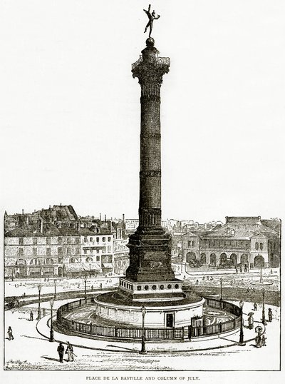 Place de la Bastille och Column of July, illustration från Old and New Paris av H. Sutherland Edwards, 1893 av English School