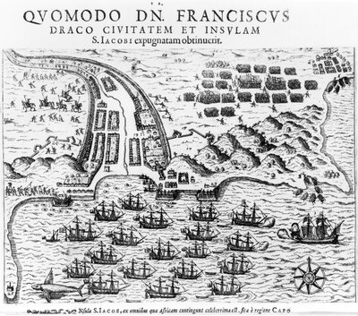 Plan som visar hur Francis Drake (ca 1540-96) stormade och höll ön San Jacob. av English School