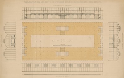 Plan, höjder och delar av museibyggnaden på Kensington Gore Estate av English School