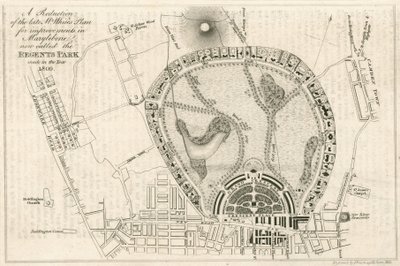 Plan för förbättringar i Marylebone, London, nu kallad Regents Park, gjord 1809 av English School
