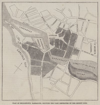 Plan över Bridgetown, Barbadoes, som visar delen som förstördes av den senaste branden (gravyr) av English School