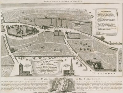 Plan över nordvästra förorter till London runt St Giles in the Fields av English School