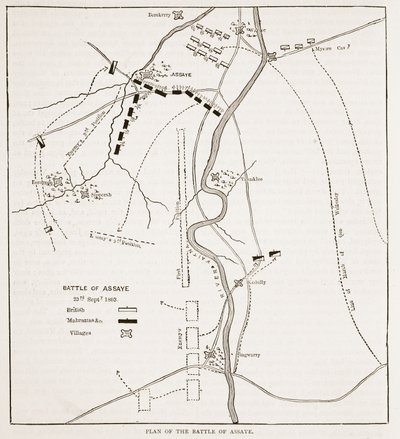 Plan för slaget vid Assaye, illustration från Cassells Illustrated History of India av James Grant, pub. 1879 av English School