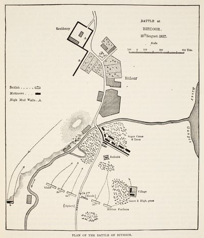 Plan för slaget vid Bithoor, 16 augusti 1857, från Cassells Illustrated History of England av English School