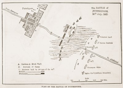 Plan för slaget vid Futtehpore, 12 juli 1857, från Cassells Illustrated History of England av English School