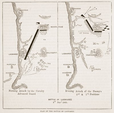 Plan för slaget vid Laswaree, illustration från Cassells Illustrated History of India av James Grant, pub. 1879 av English School