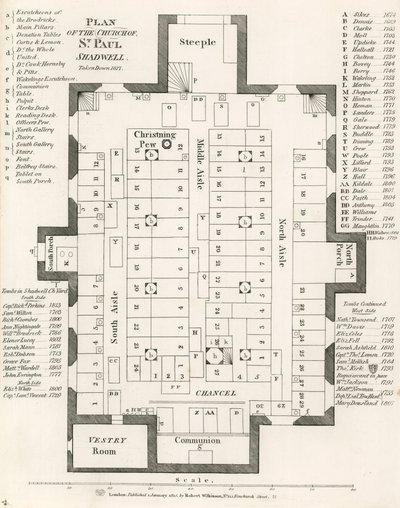 Plan av Church of St Pauls, Shadwell, London, nedtagen 1817 av English School