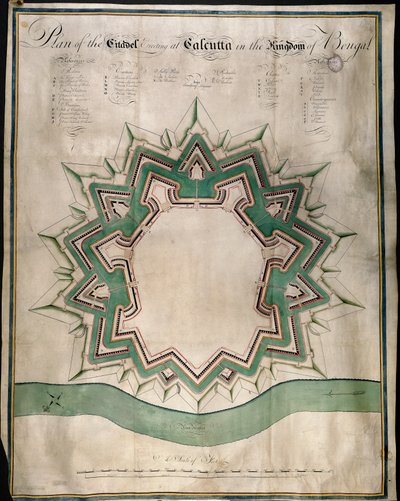 Plan över citadellet i Calcutta och Fort William, Ostindiska kompaniets befästa lager, ca 1750 (penna & bläck & akvarell på papper) av English School